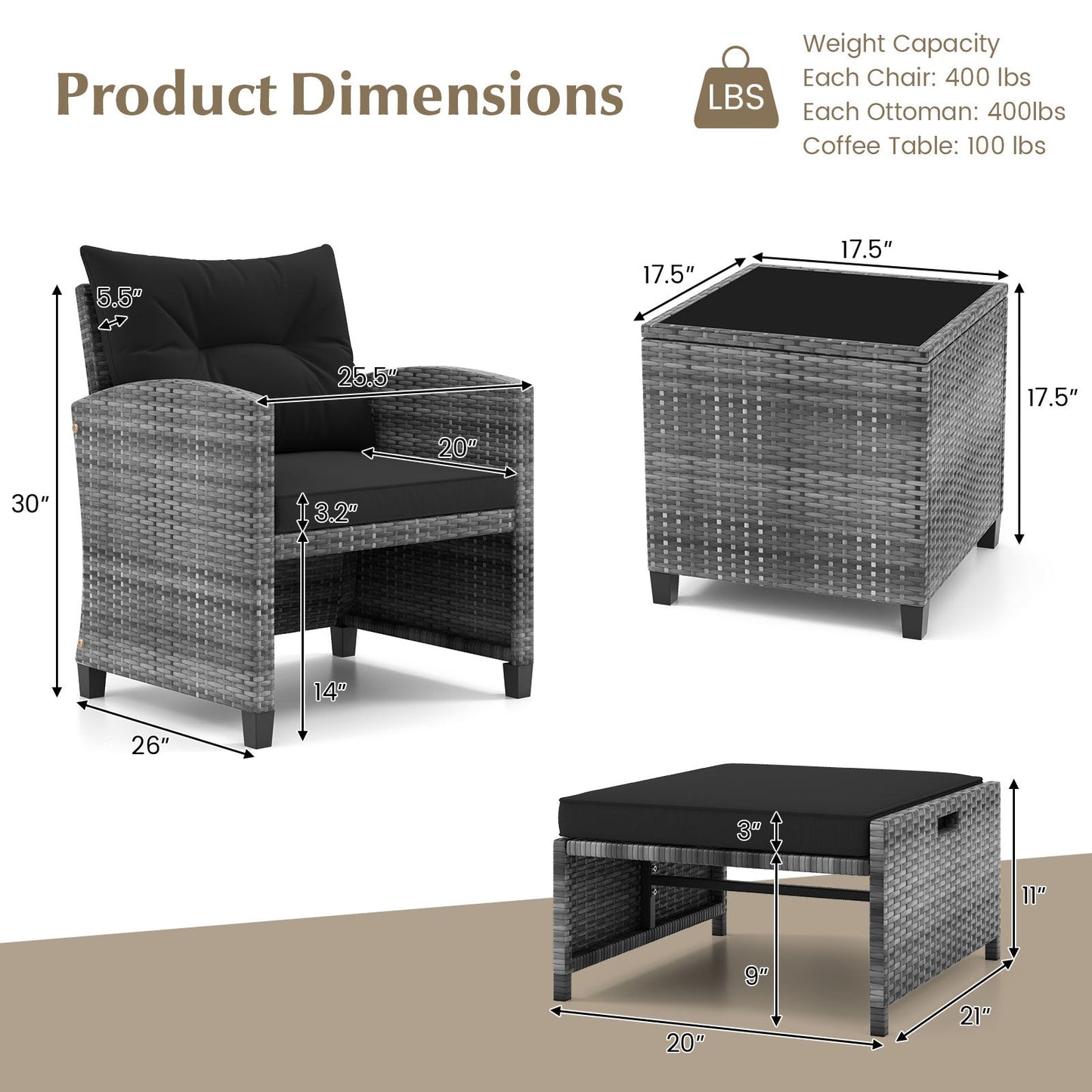 5 Piece Patio Rattan Furniture with 2 Ottomans and Tempered Glass Coffee Table