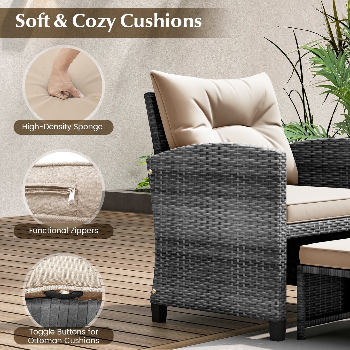 5 Piece Patio Rattan Furniture with 2 Ottomans and Tempered Glass Coffee Table