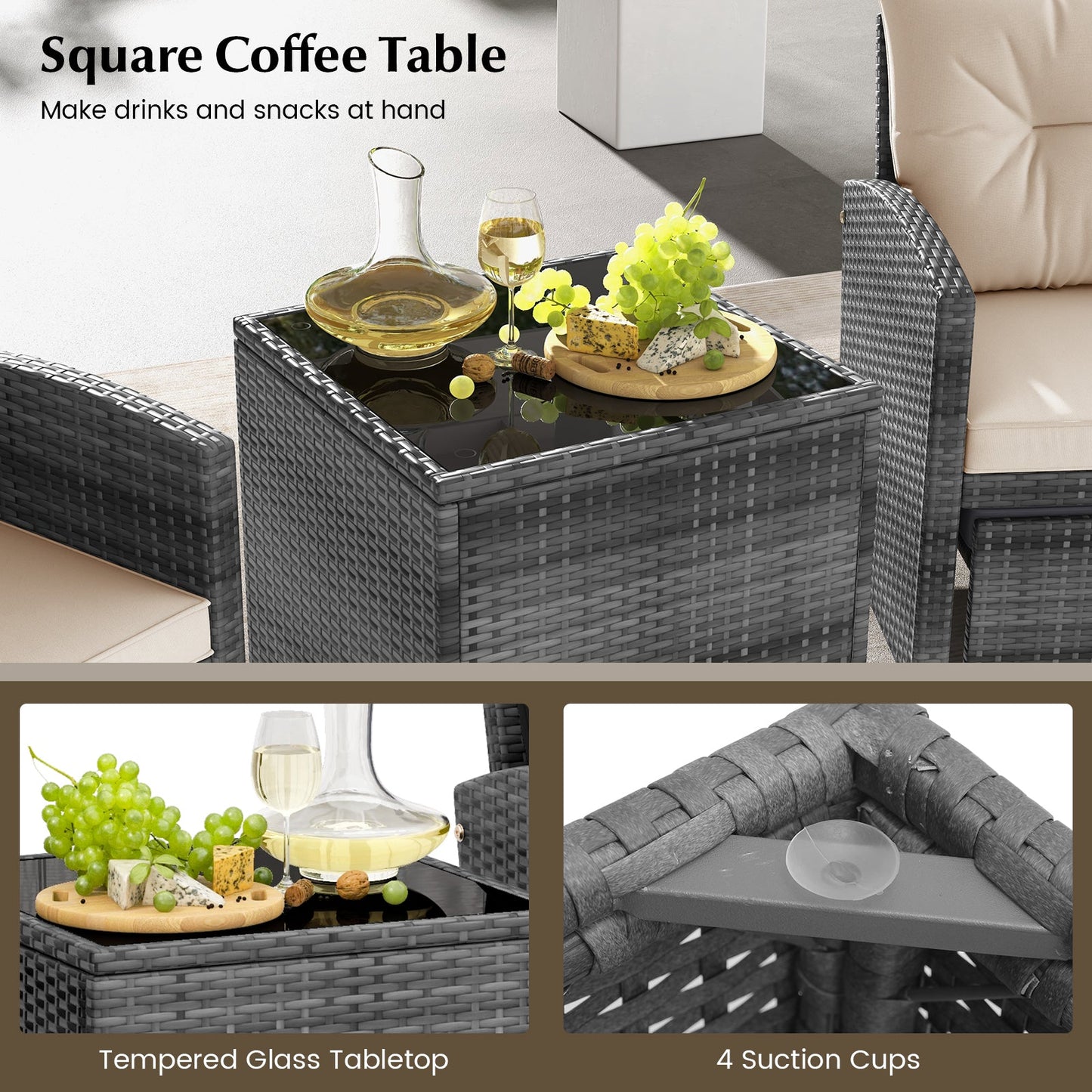 5 Piece Patio Rattan Furniture with 2 Ottomans and Tempered Glass Coffee Table