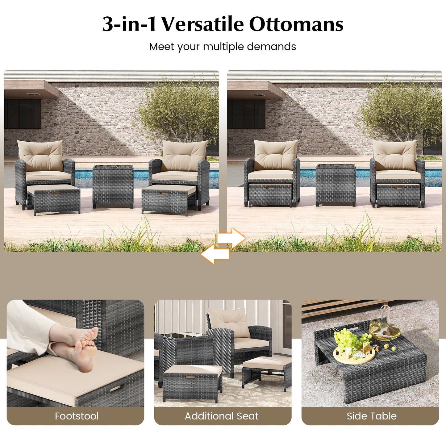 5 Piece Patio Rattan Furniture with 2 Ottomans and Tempered Glass Coffee Table