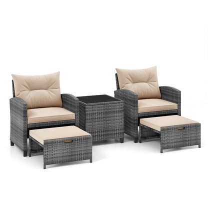 5 Piece Patio Rattan Furniture with 2 Ottomans and Tempered Glass Coffee Table