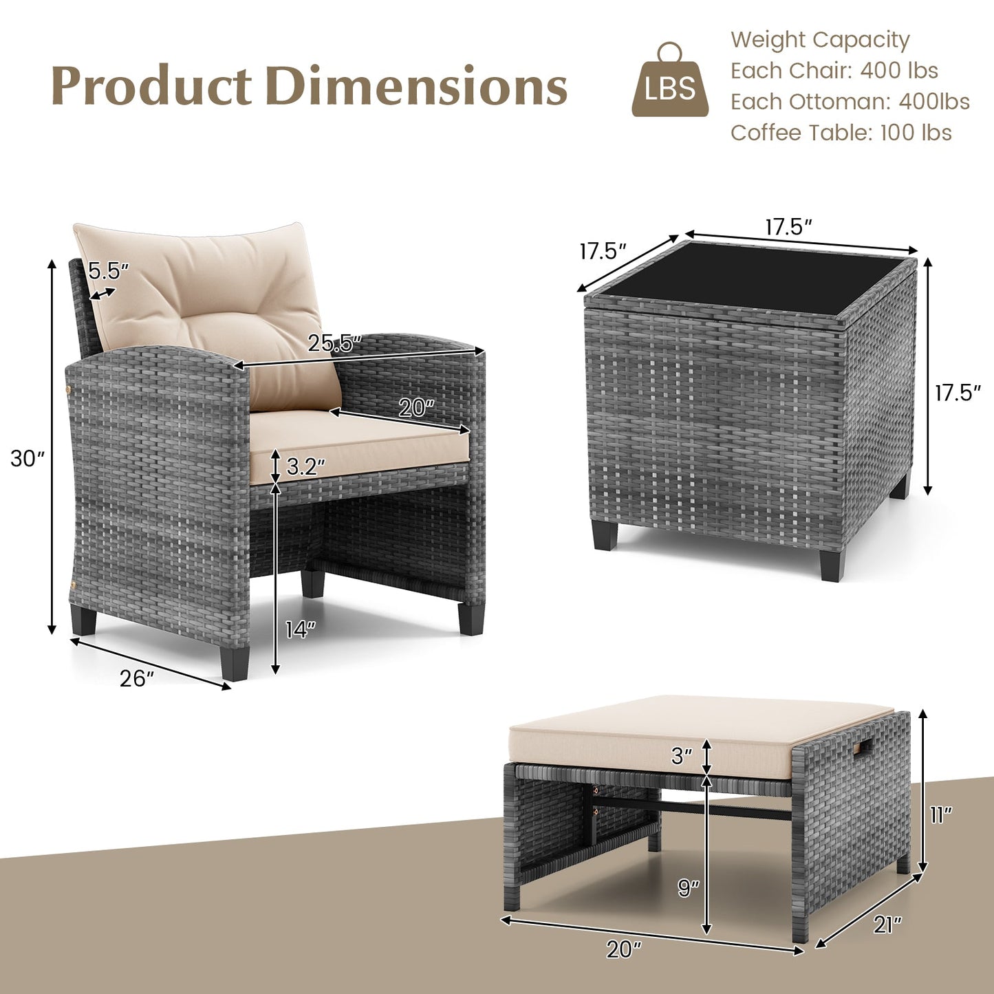 5 Piece Patio Rattan Furniture with 2 Ottomans and Tempered Glass Coffee Table