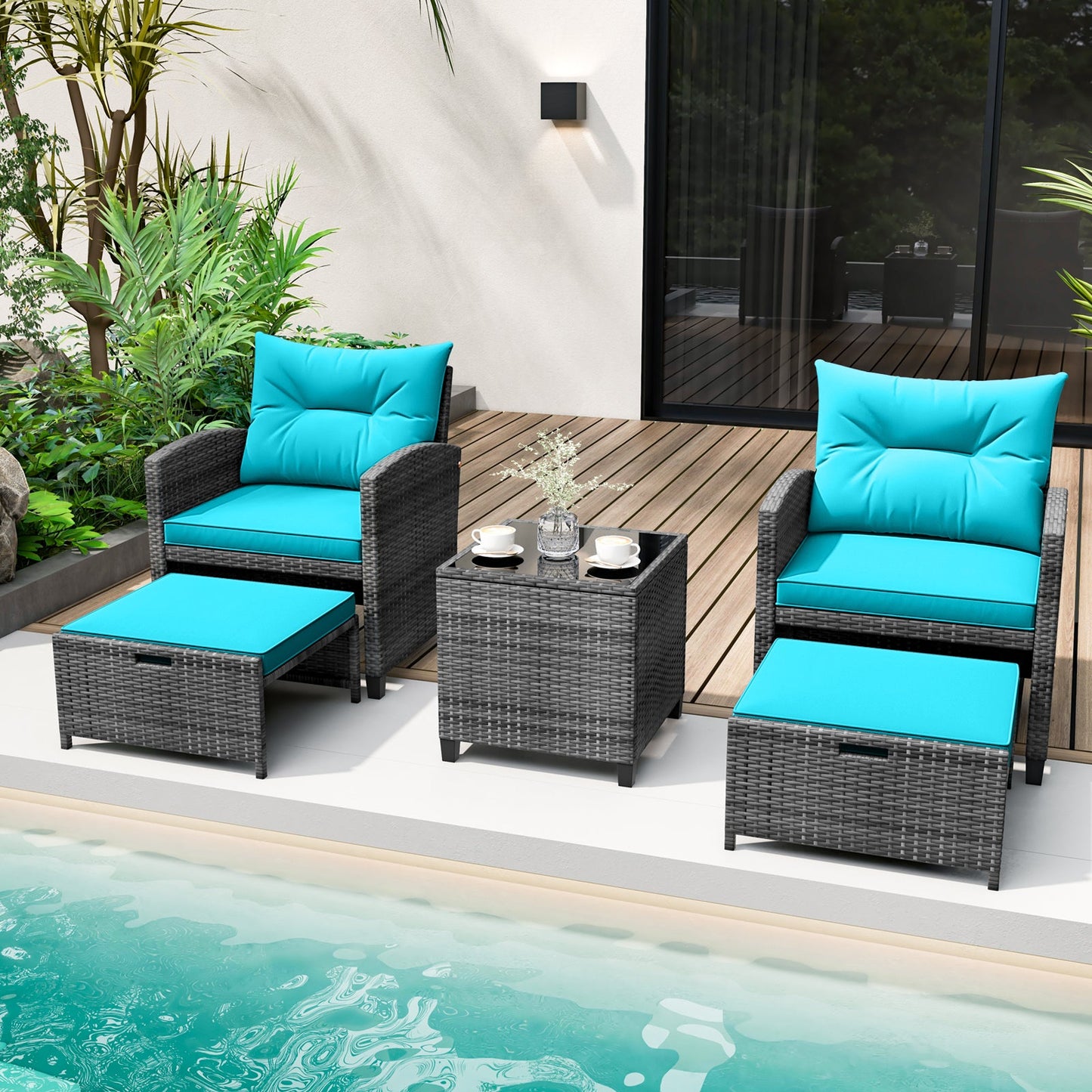 5 Piece Patio Rattan Furniture with 2 Ottomans and Tempered Glass Coffee Table