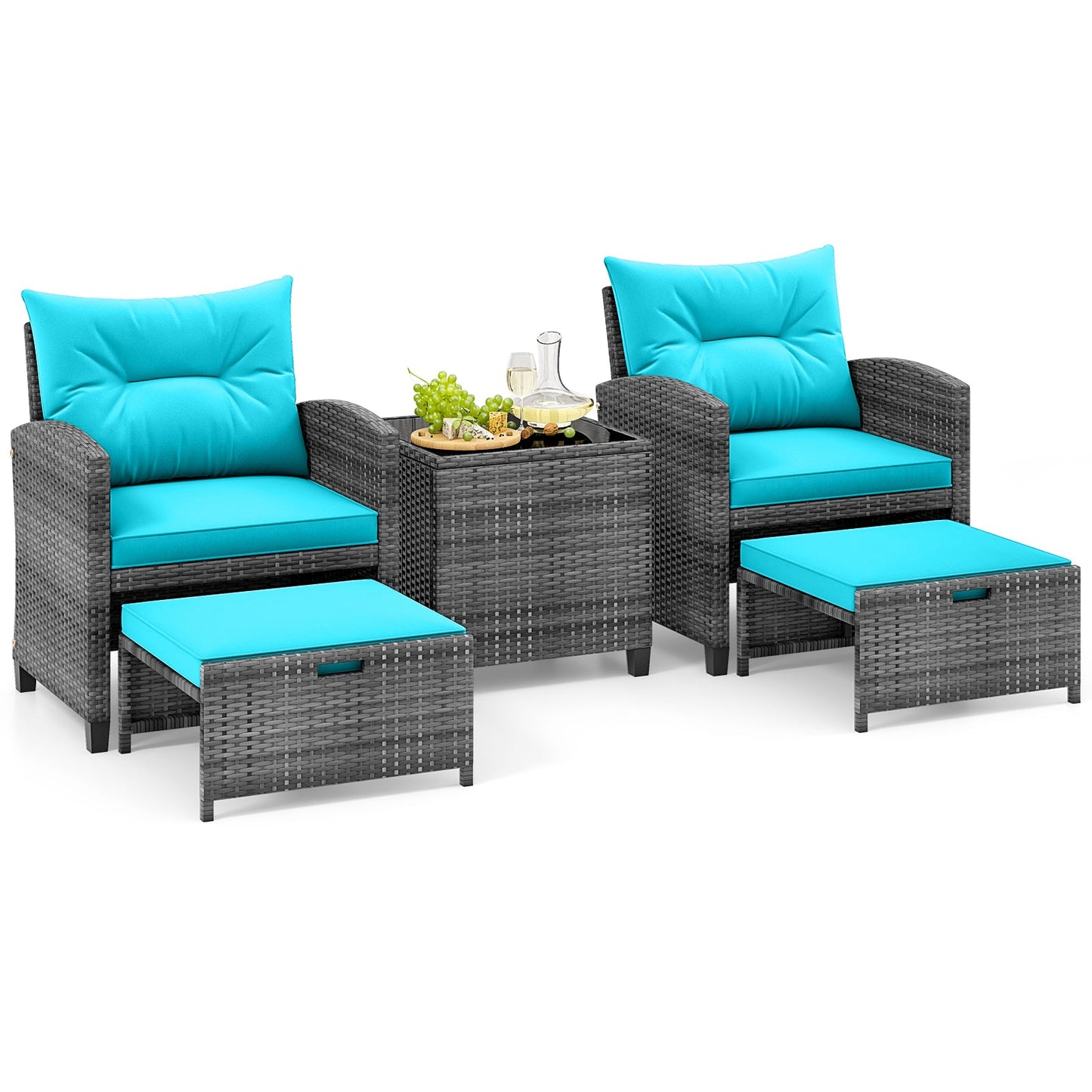 5 Piece Patio Rattan Furniture with 2 Ottomans and Tempered Glass Coffee Table
