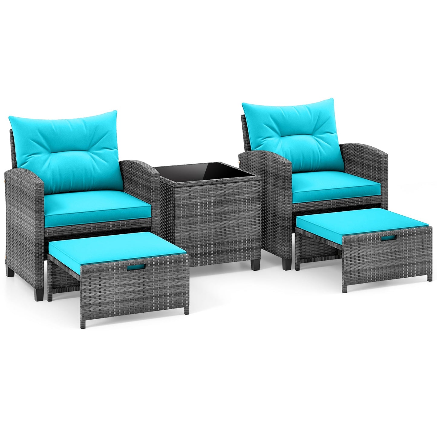 5 Piece Patio Rattan Furniture with 2 Ottomans and Tempered Glass Coffee Table