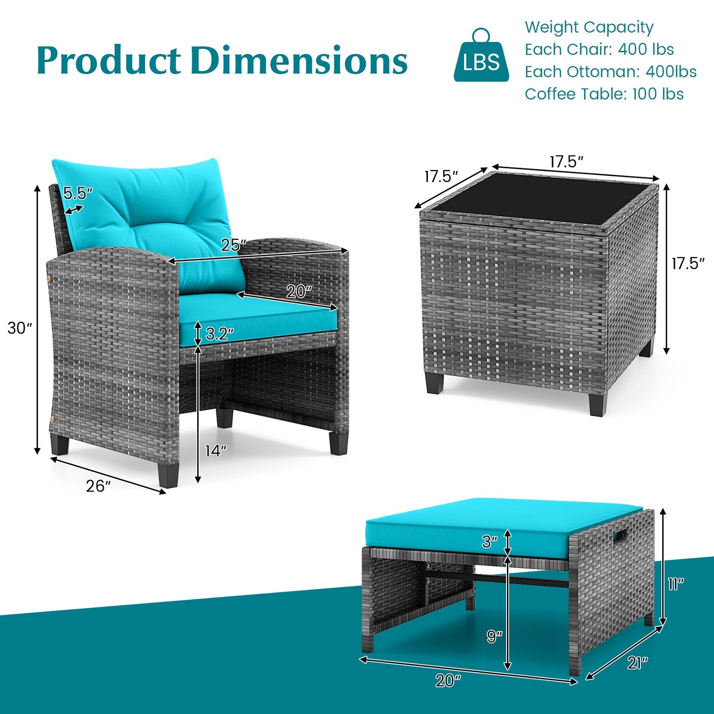 5 Piece Patio Rattan Furniture with 2 Ottomans and Tempered Glass Coffee Table