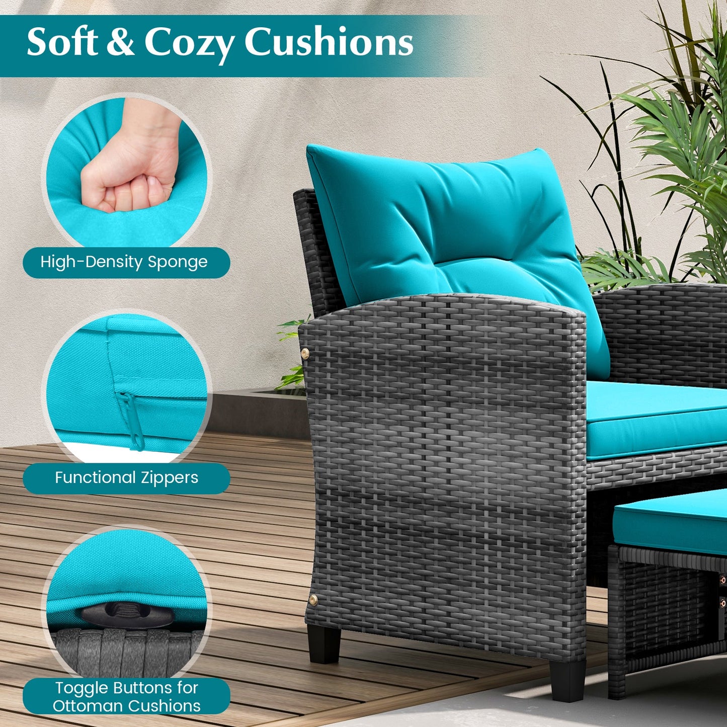 5 Piece Patio Rattan Furniture with 2 Ottomans and Tempered Glass Coffee Table