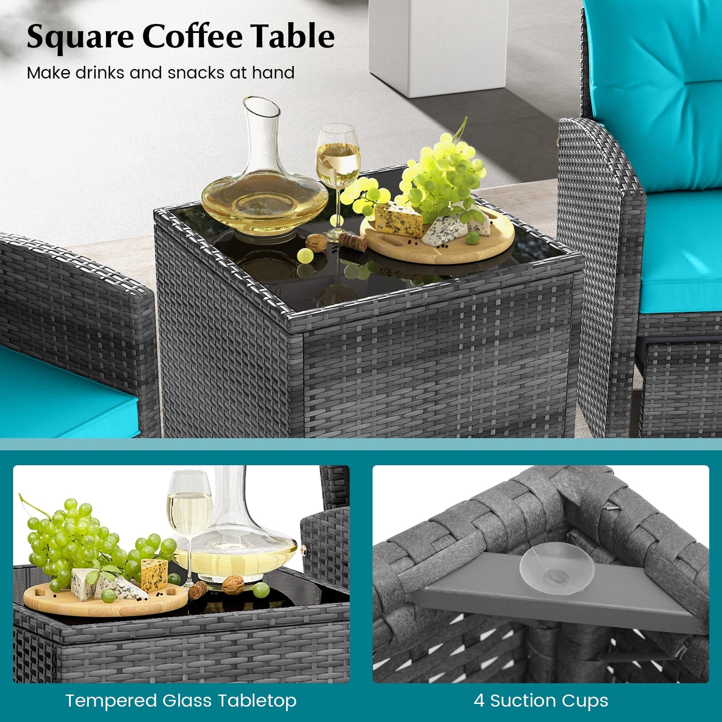 5 Piece Patio Rattan Furniture with 2 Ottomans and Tempered Glass Coffee Table