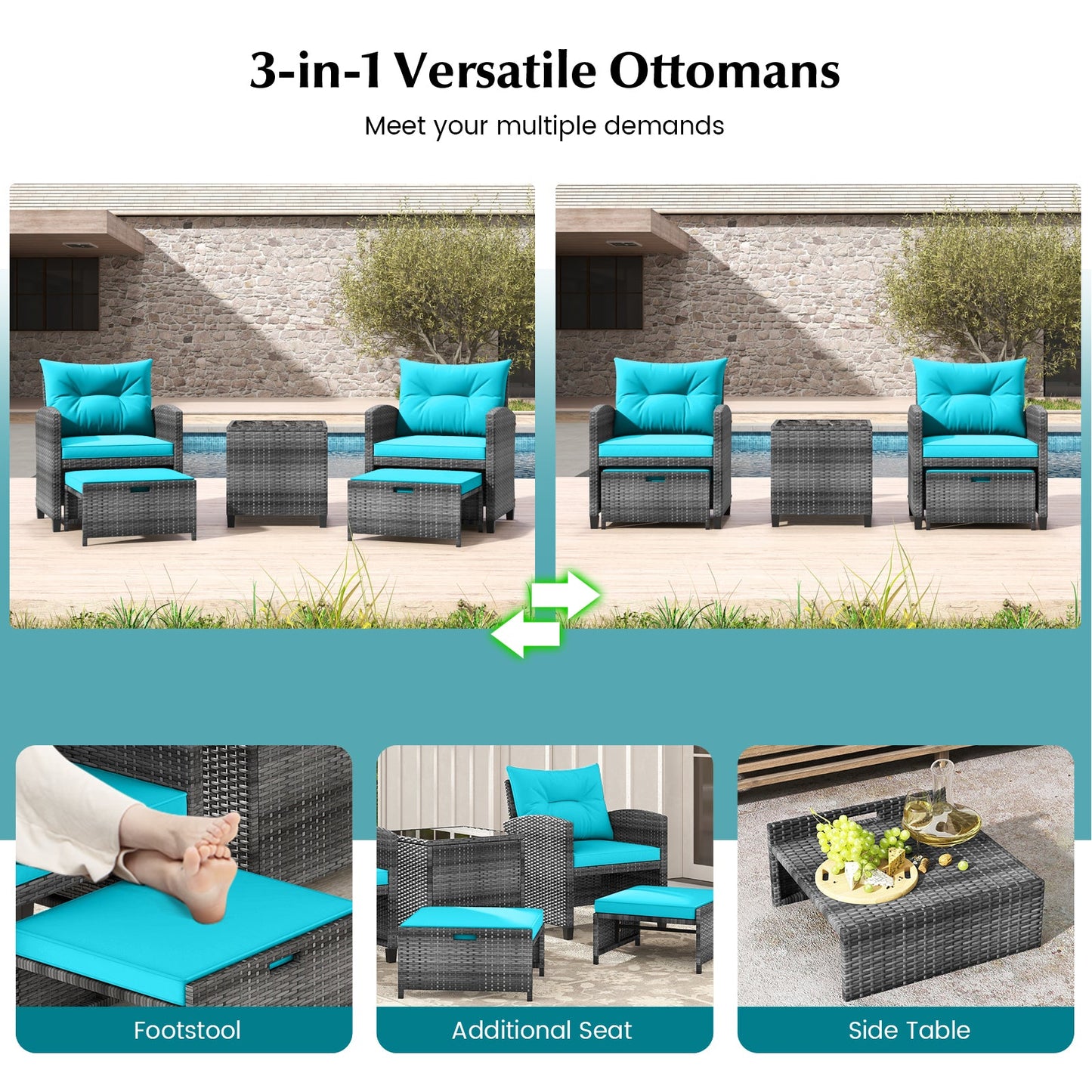 5 Piece Patio Rattan Furniture with 2 Ottomans and Tempered Glass Coffee Table