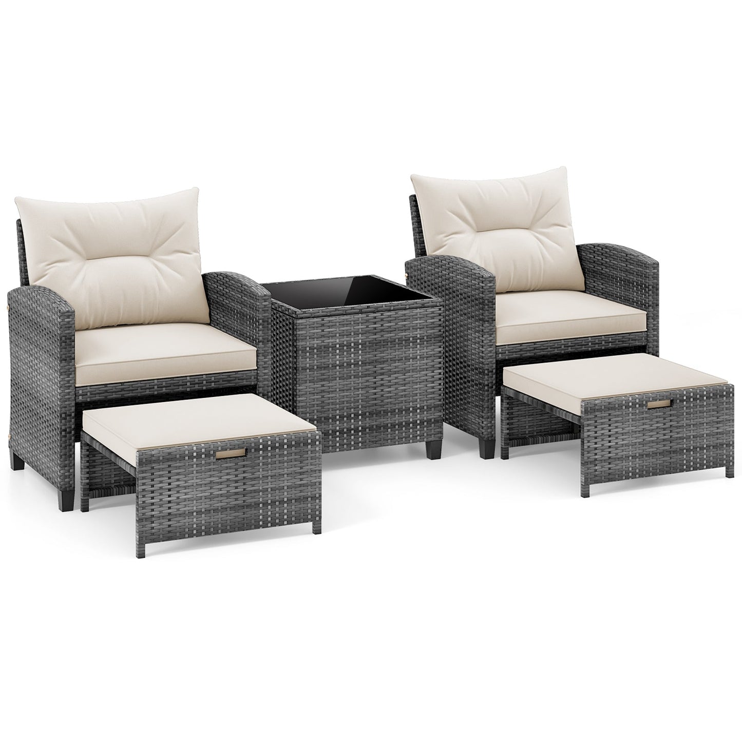 5 Piece Patio Rattan Furniture with 2 Ottomans and Tempered Glass Coffee Table