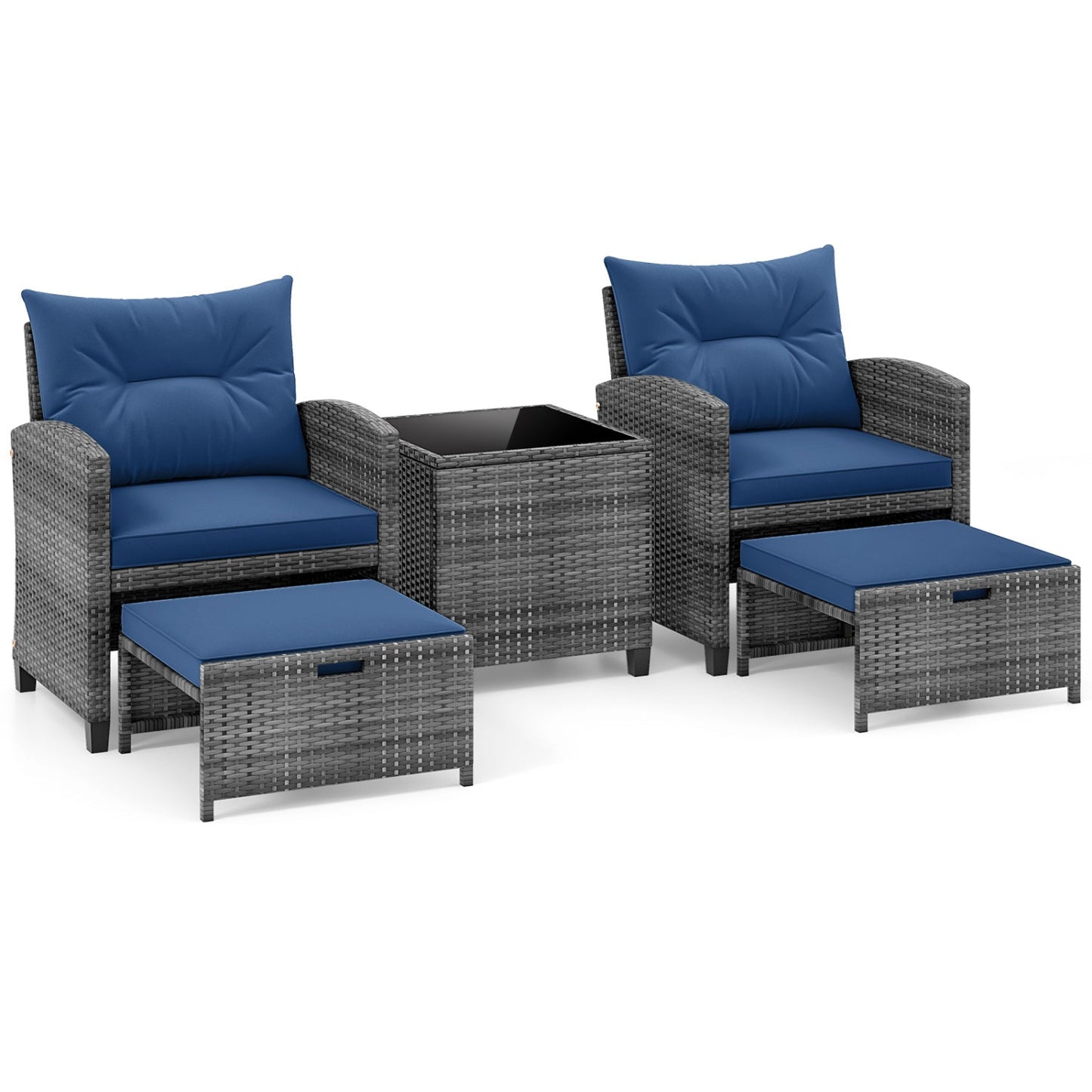 5 Piece Patio Rattan Furniture with 2 Ottomans and Tempered Glass Coffee Table