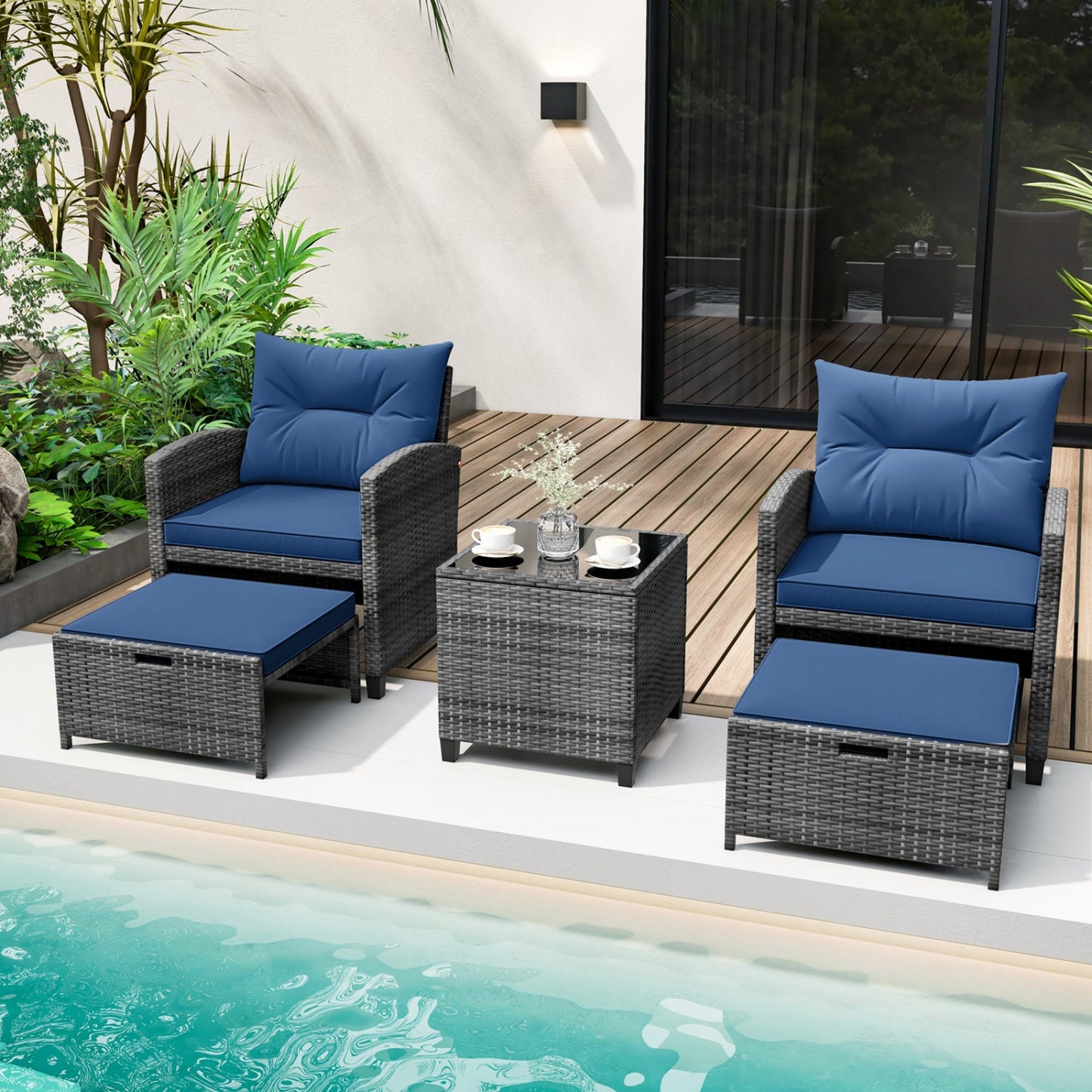 5 Piece Patio Rattan Furniture with 2 Ottomans and Tempered Glass Coffee Table