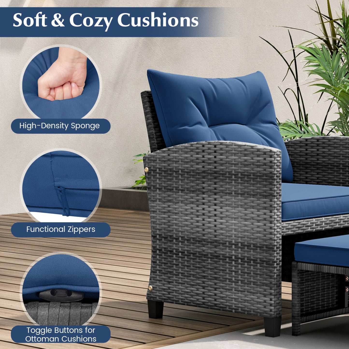5 Piece Patio Rattan Furniture with 2 Ottomans and Tempered Glass Coffee Table