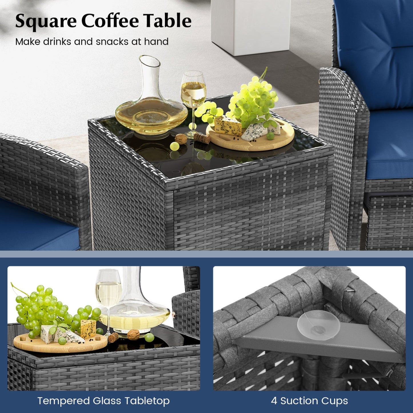 5 Piece Patio Rattan Furniture with 2 Ottomans and Tempered Glass Coffee Table