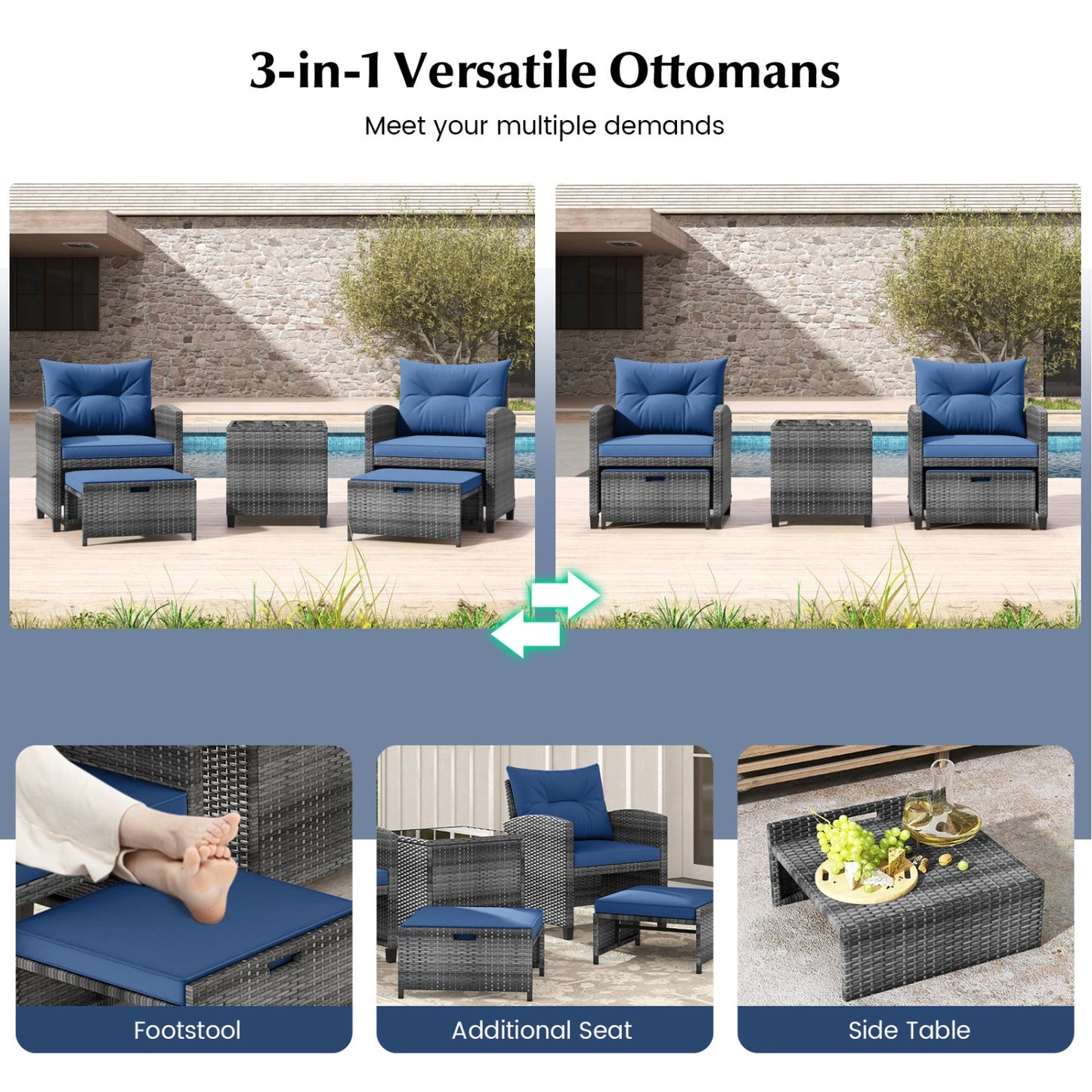 5 Piece Patio Rattan Furniture with 2 Ottomans and Tempered Glass Coffee Table