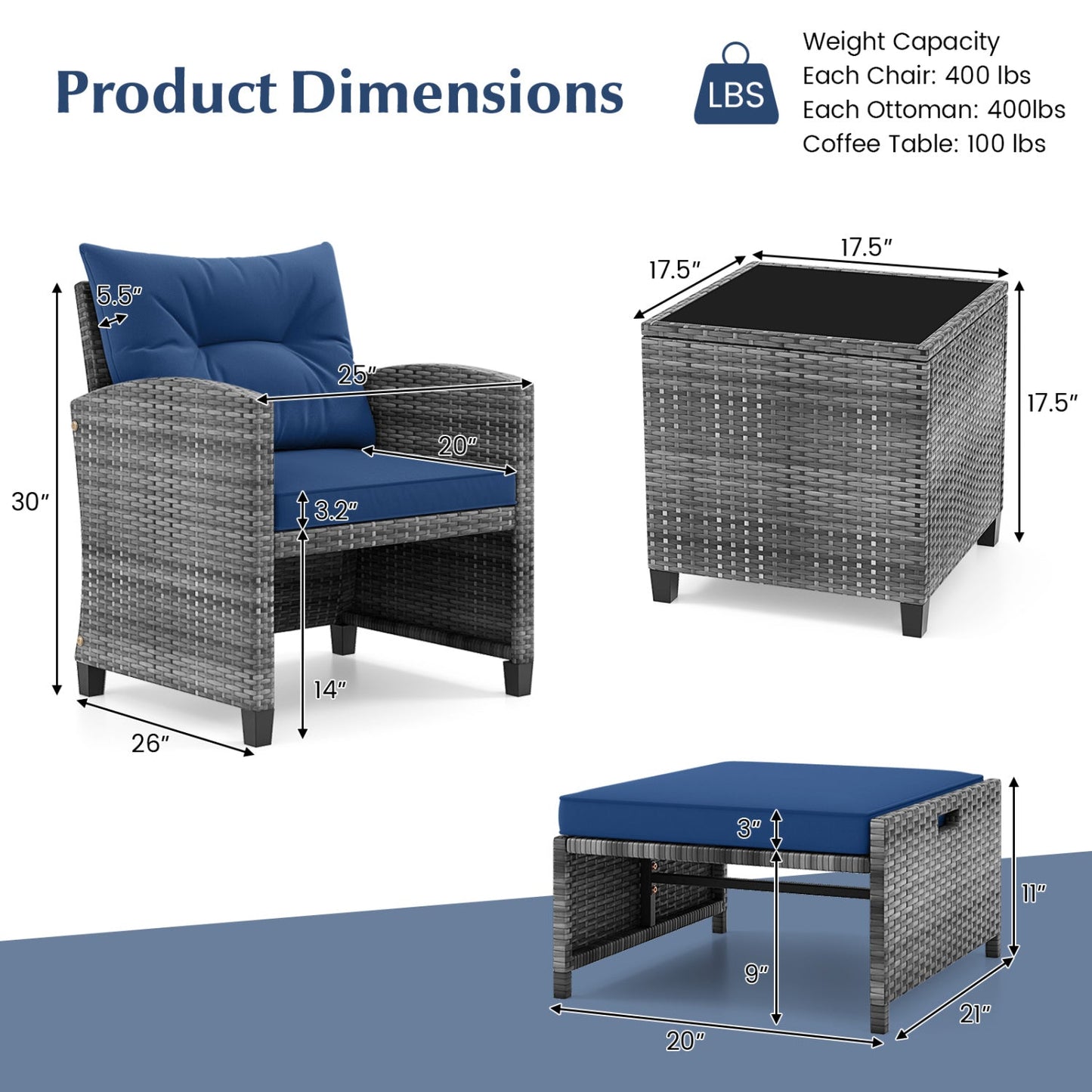 5 Piece Patio Rattan Furniture with 2 Ottomans and Tempered Glass Coffee Table