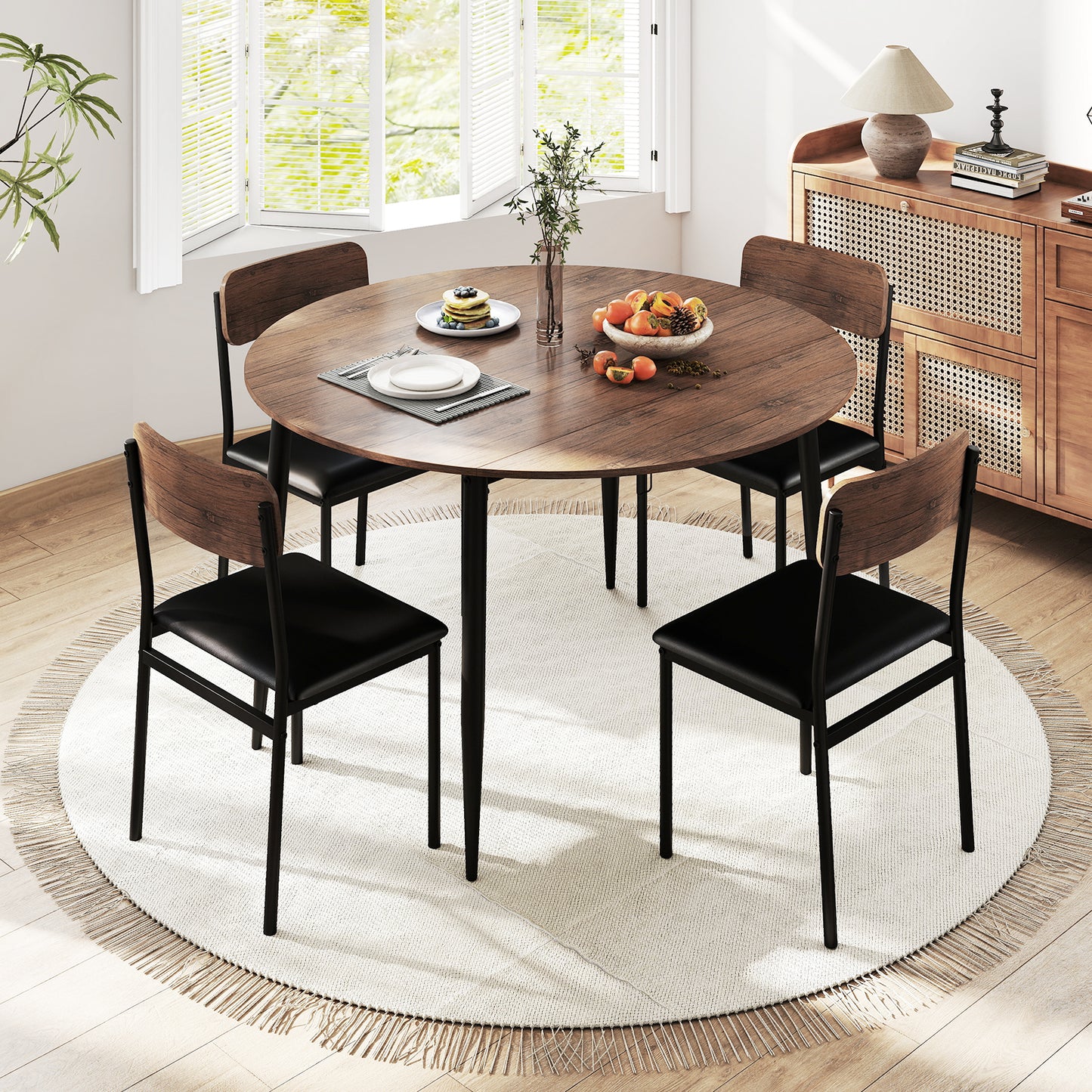 5-Piece Round Dining Table Set with Drop Leaf and Chairs