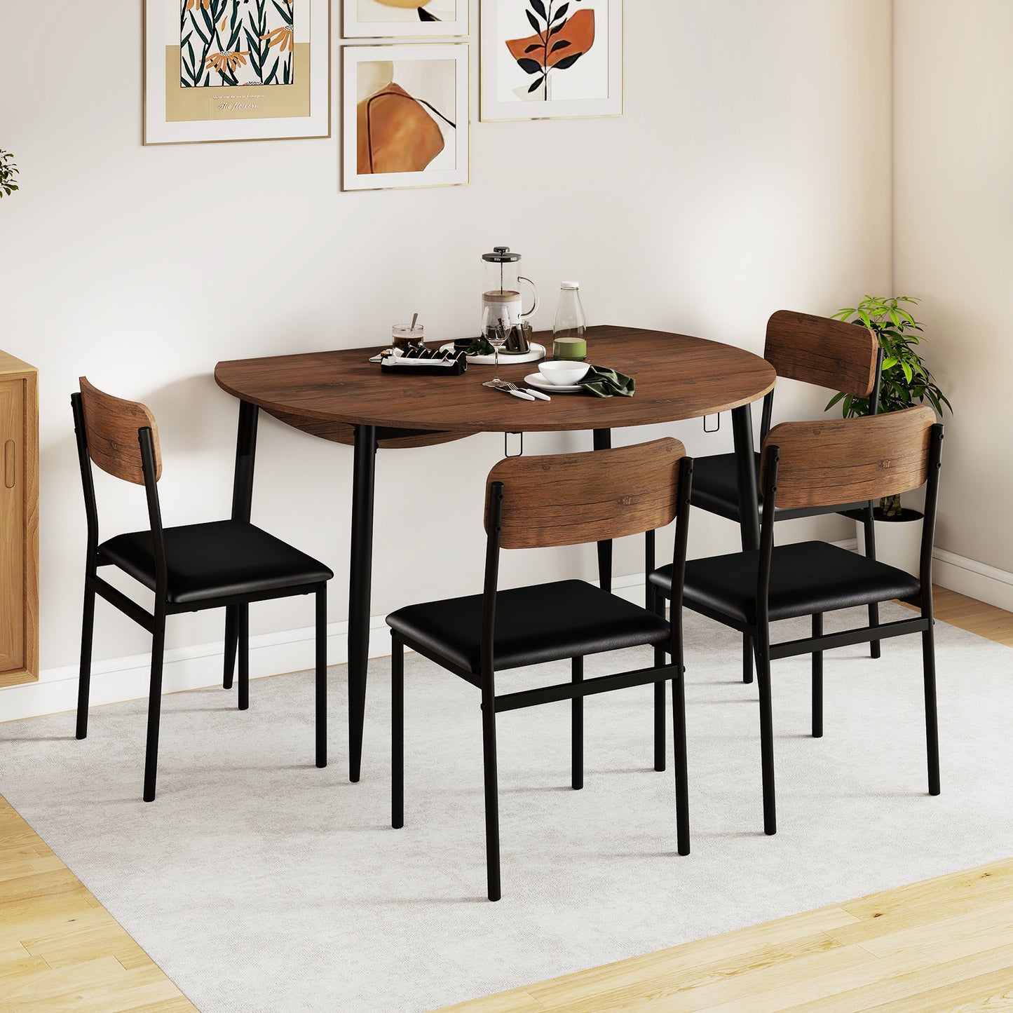 5-Piece Round Dining Table Set with Drop Leaf and Chairs
