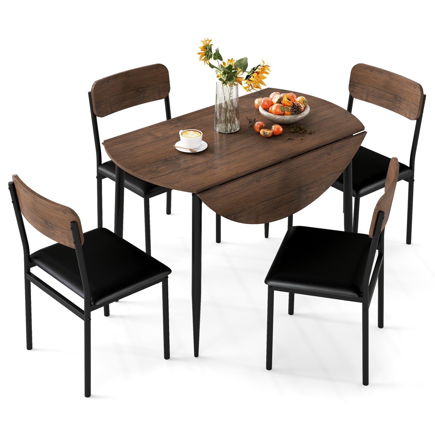 5-Piece Round Dining Table Set with Drop Leaf and Chairs