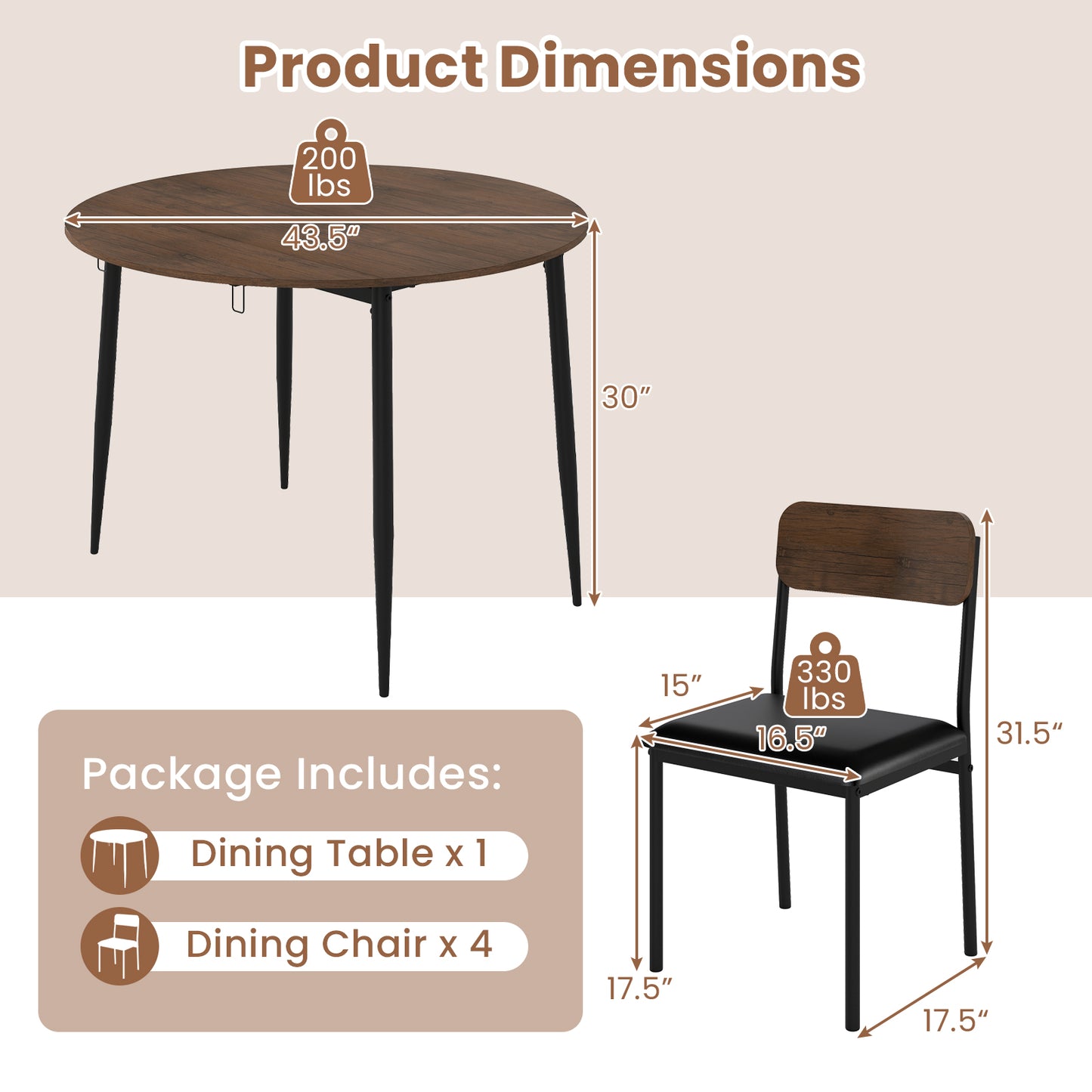 5-Piece Round Dining Table Set with Drop Leaf and Chairs