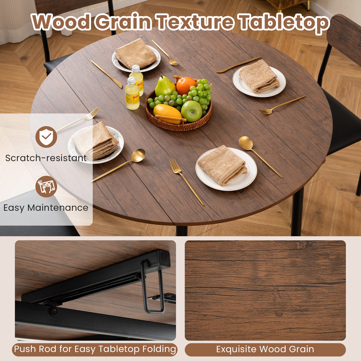 5-Piece Round Dining Table Set with Drop Leaf and Chairs