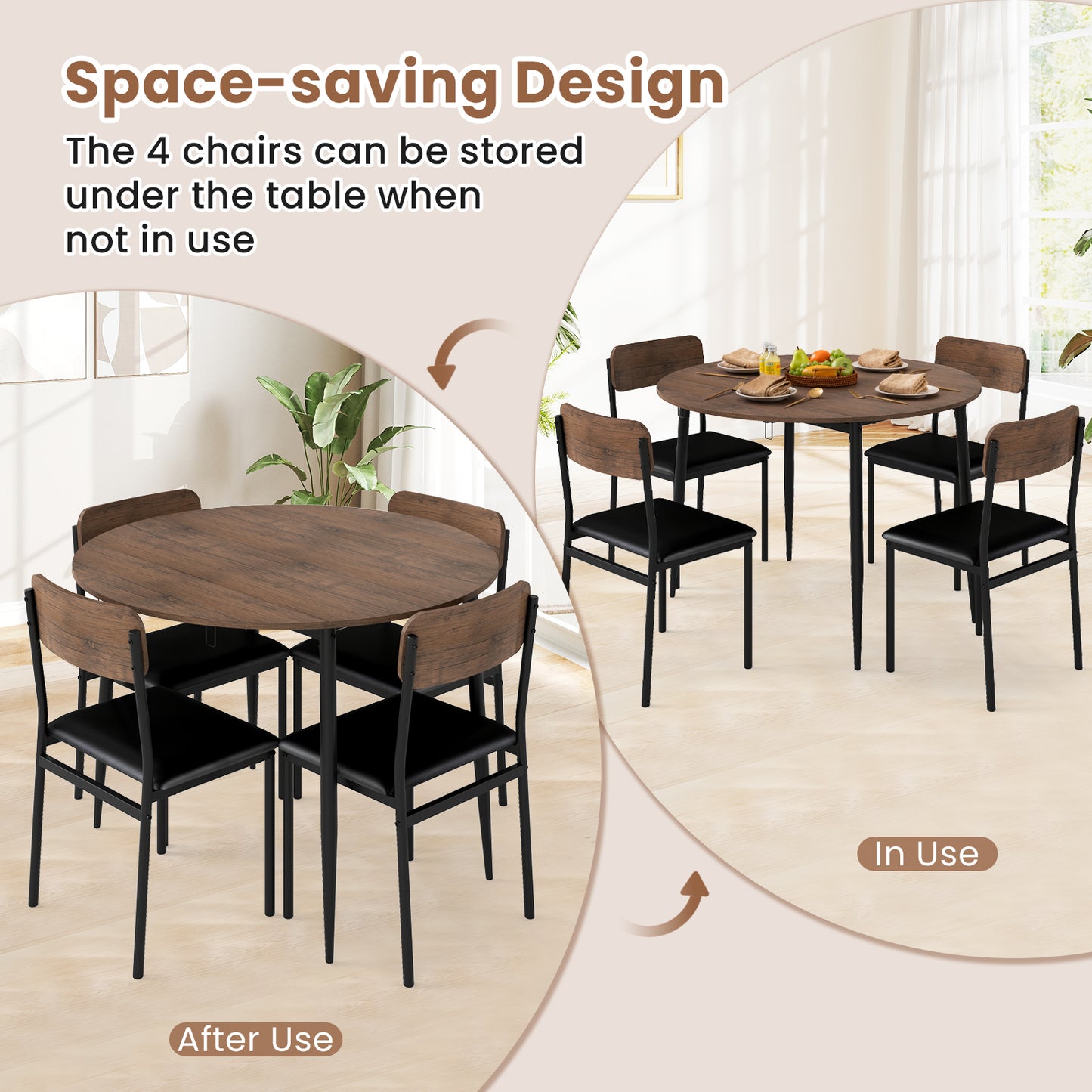 5-Piece Round Dining Table Set with Drop Leaf and Chairs