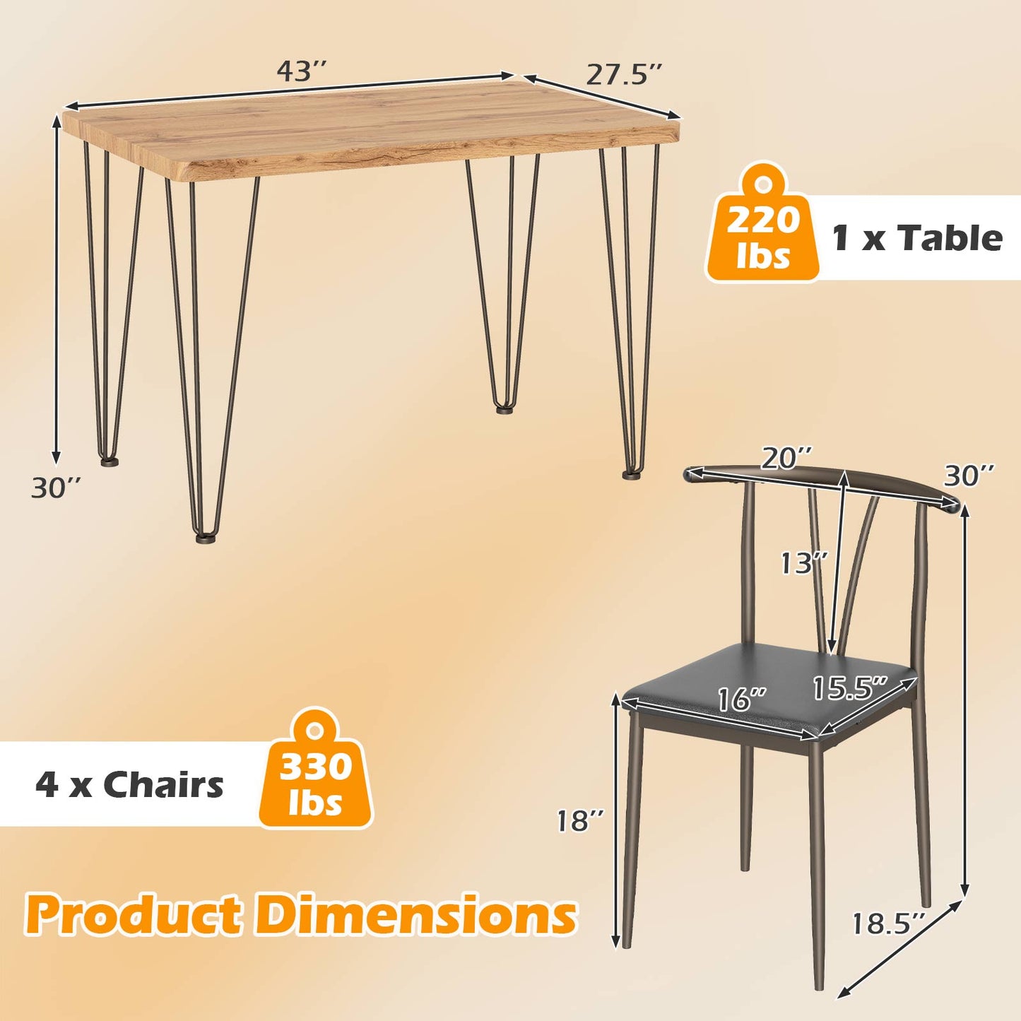 5-Piece Dining Table Set with 4 Chairs Space-Saving Industrial