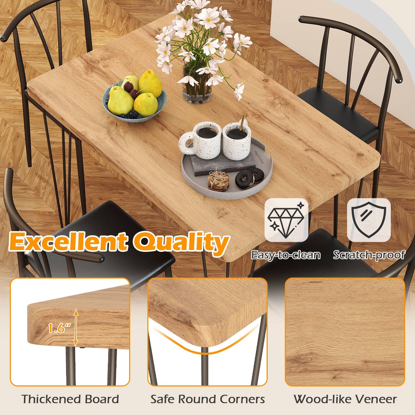 5-Piece Dining Table Set with 4 Chairs Space-Saving Industrial