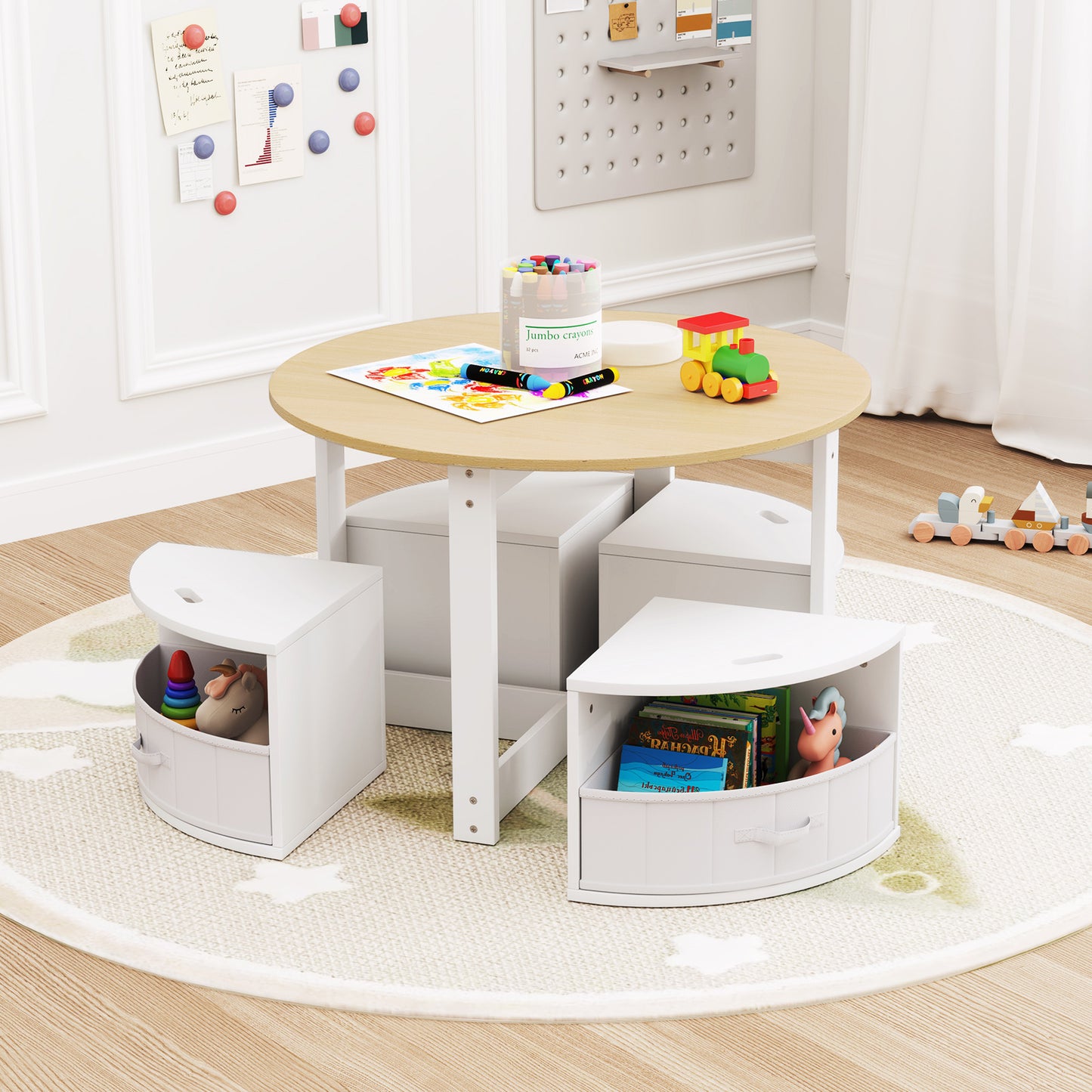 5-Piece Kids Table and Chair Set with Storage Stools
