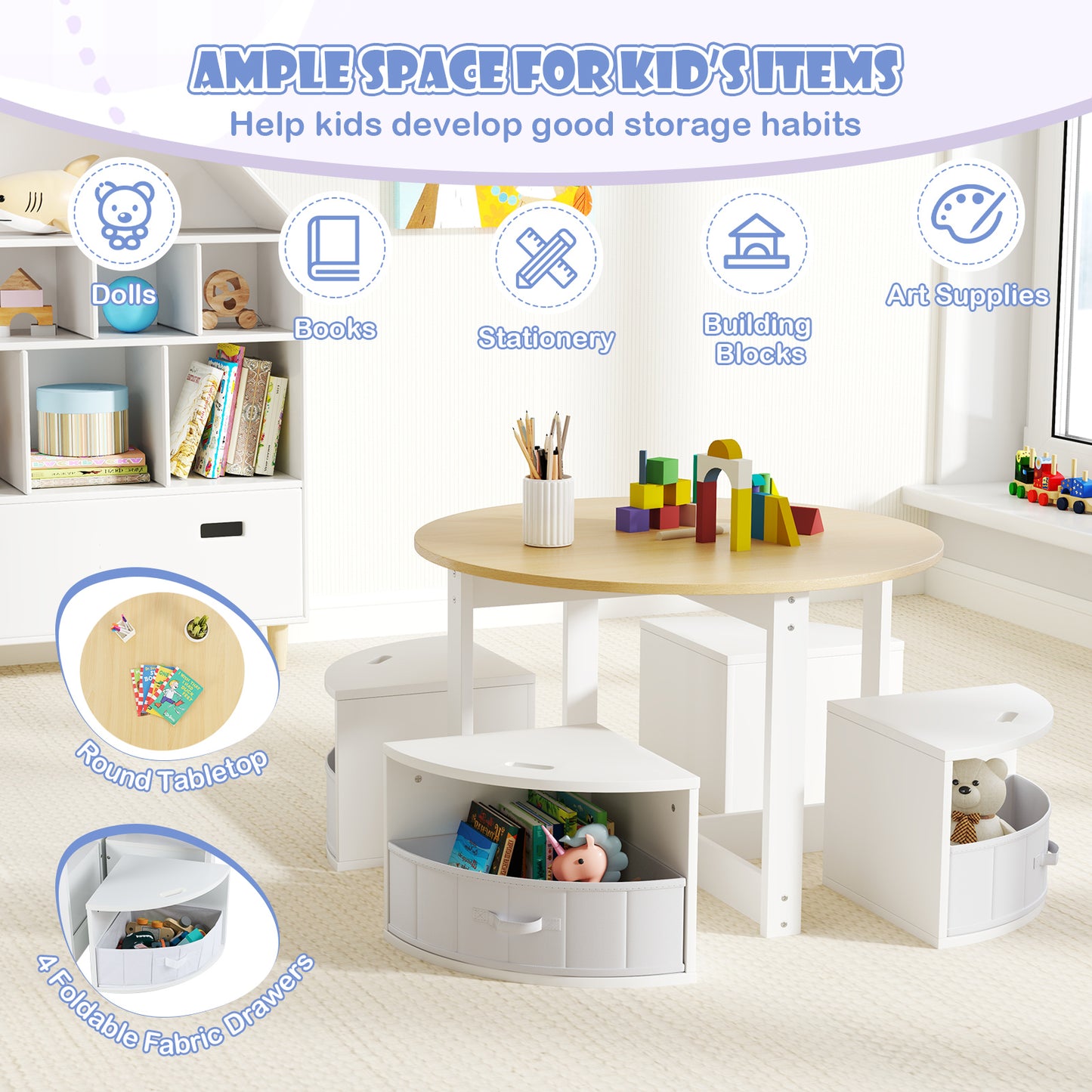 5-Piece Kids Table and Chair Set with Storage Stools
