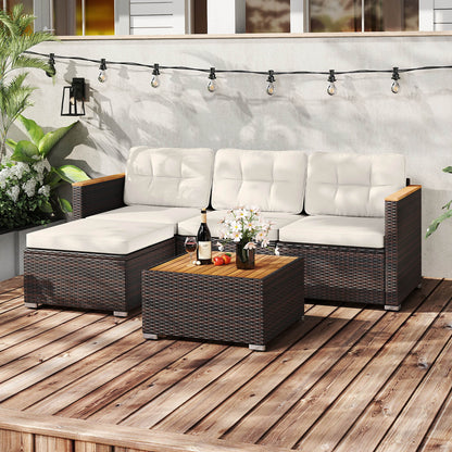 5-Piece Wicker Conversation Set Rattan Set with Cushions and Coffee Table-White