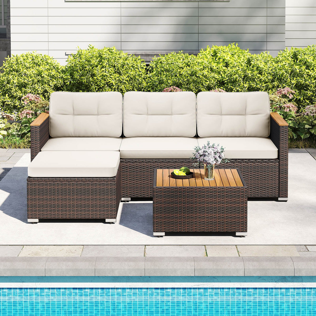 5-Piece Wicker Conversation Set Rattan Set with Cushions and Coffee Table-White