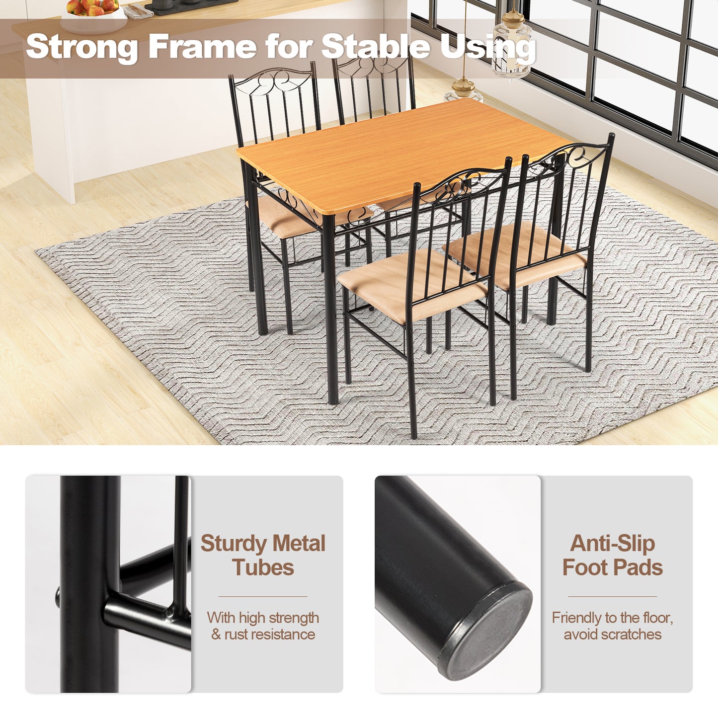 5-Piece Dining Set with Cushioned Chairs and Wood-Texture Table