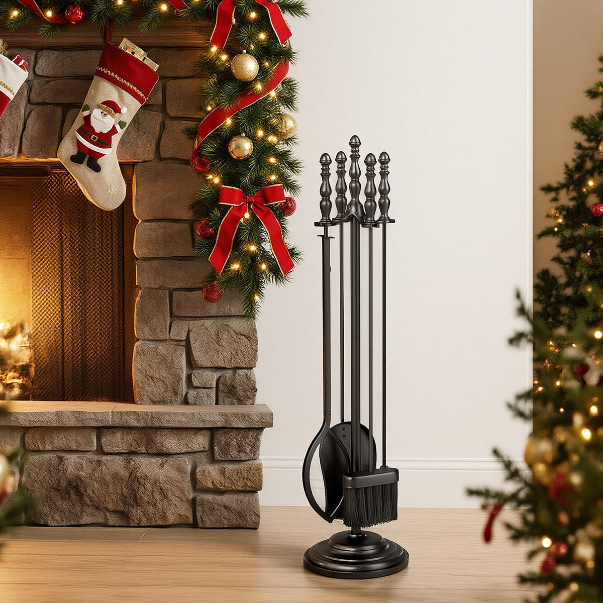 5-Pieces Fireplace Tool Set with Poker Tongs Brush Shovel and Round Stand