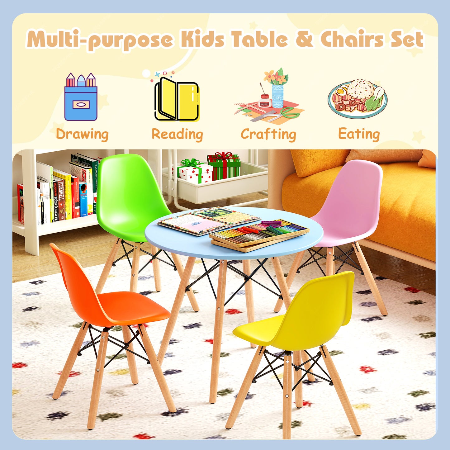 Kids Table and Chair Set - 5 Piece Mid-Century Modern