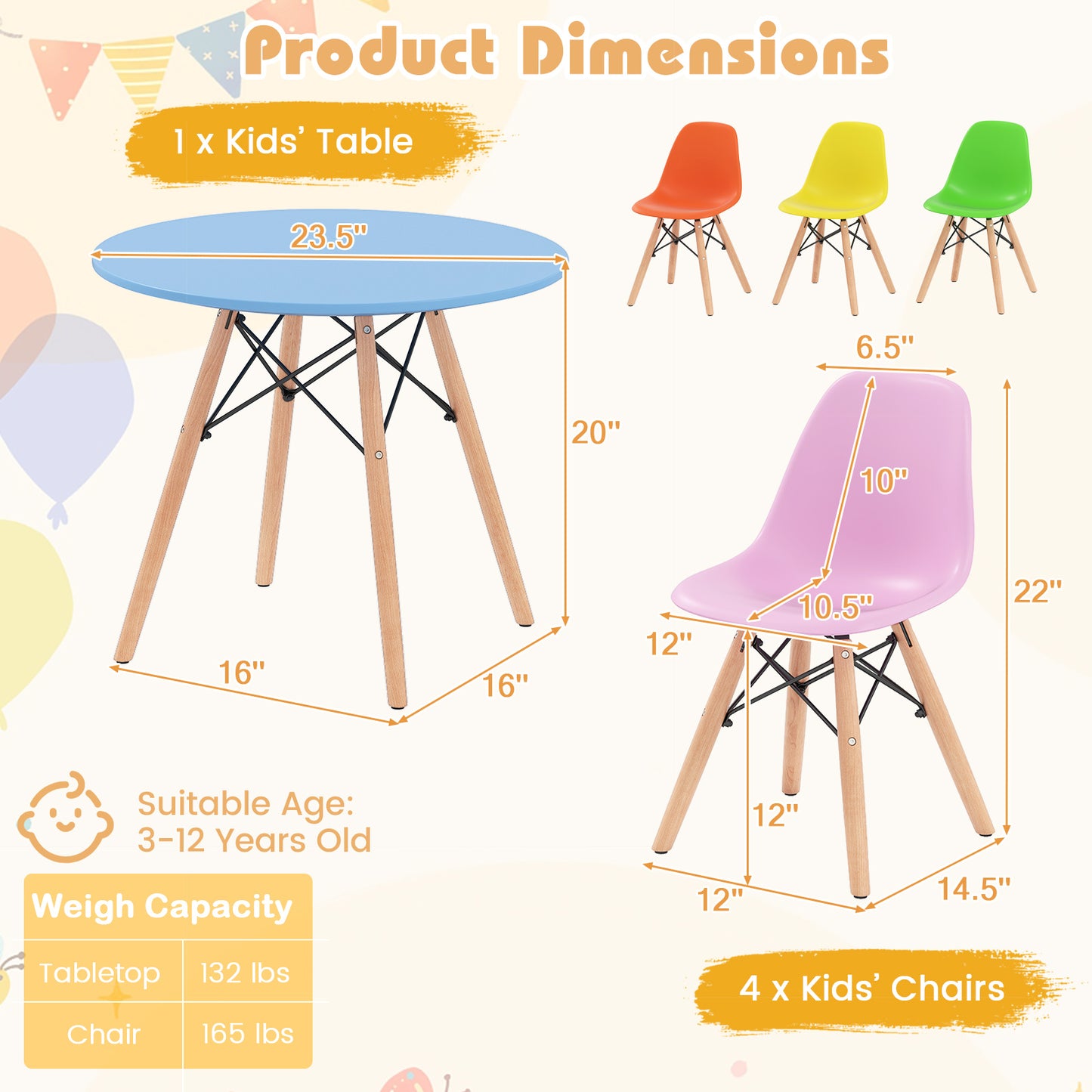 Kids Table and Chair Set - 5 Piece Mid-Century Modern
