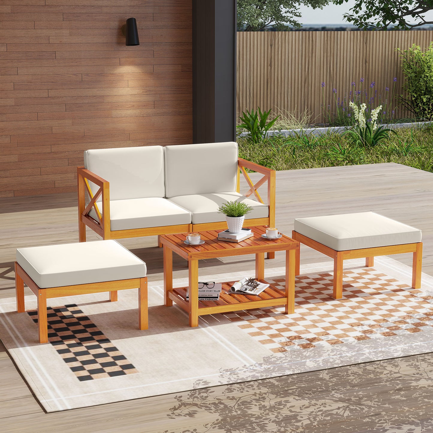 5-Piece Acacia Wood Patio Lounge Set with Ottomans
