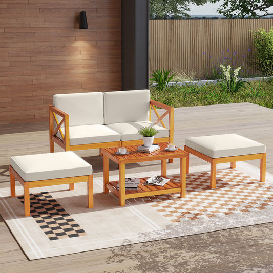 5-Piece Acacia Wood Patio Lounge Set with Ottomans