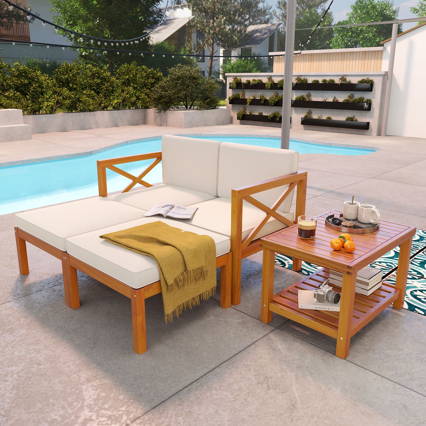 5-Piece Acacia Wood Patio Lounge Set with Ottomans