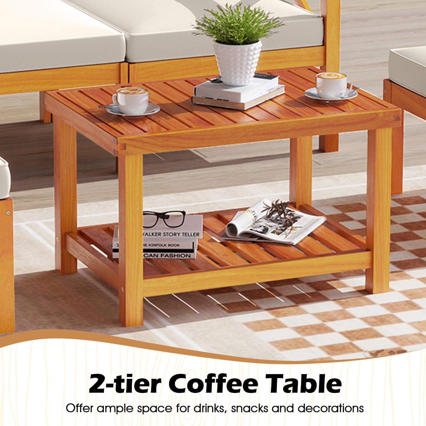 5-Piece Acacia Wood Patio Lounge Set with Ottomans