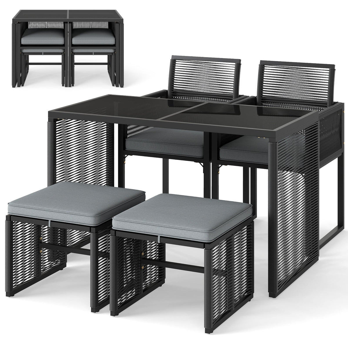 5 Pieces Outdoor Conversation Set with Removable Cushions for Backyard Porch-Gray