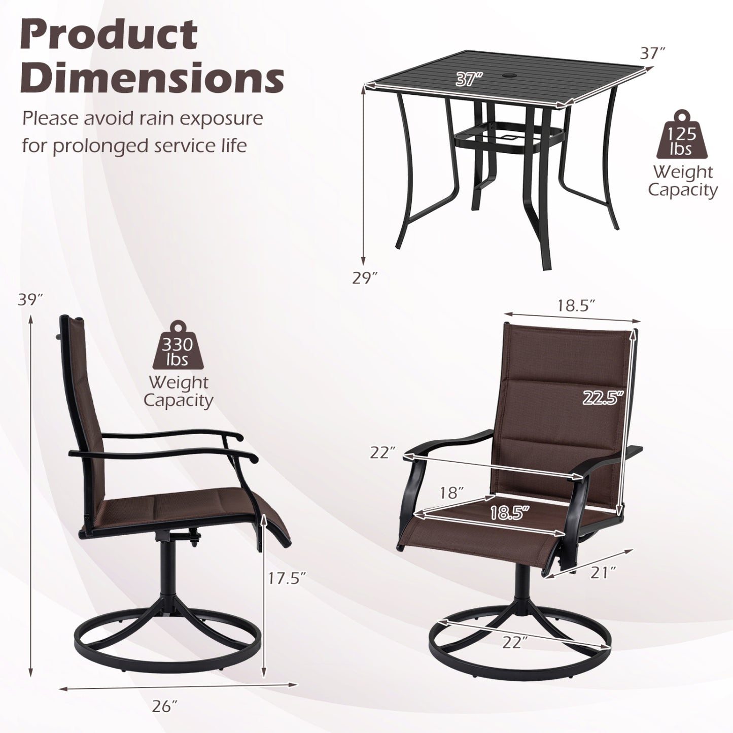 5-Piece Patio Dining Set with Swivel Chairs and Square Table