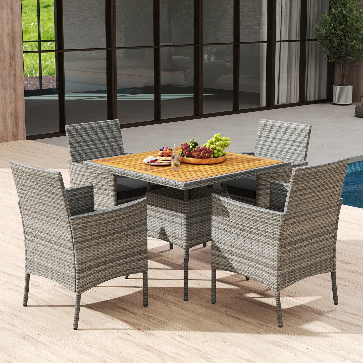 5-Piece Patio Dining Set with Acacia Wood Table and Wicker Chairs