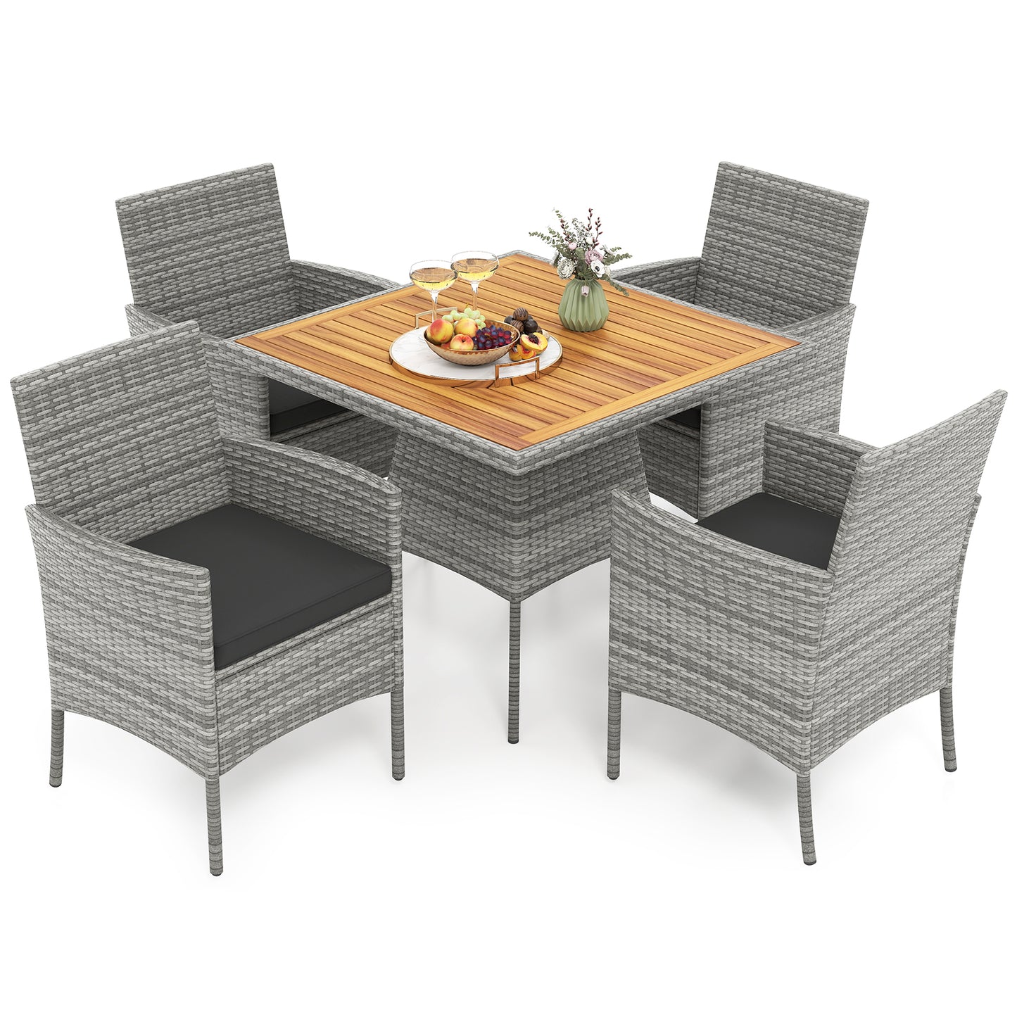 5-Piece Patio Dining Set with Acacia Wood Table and Wicker Chairs