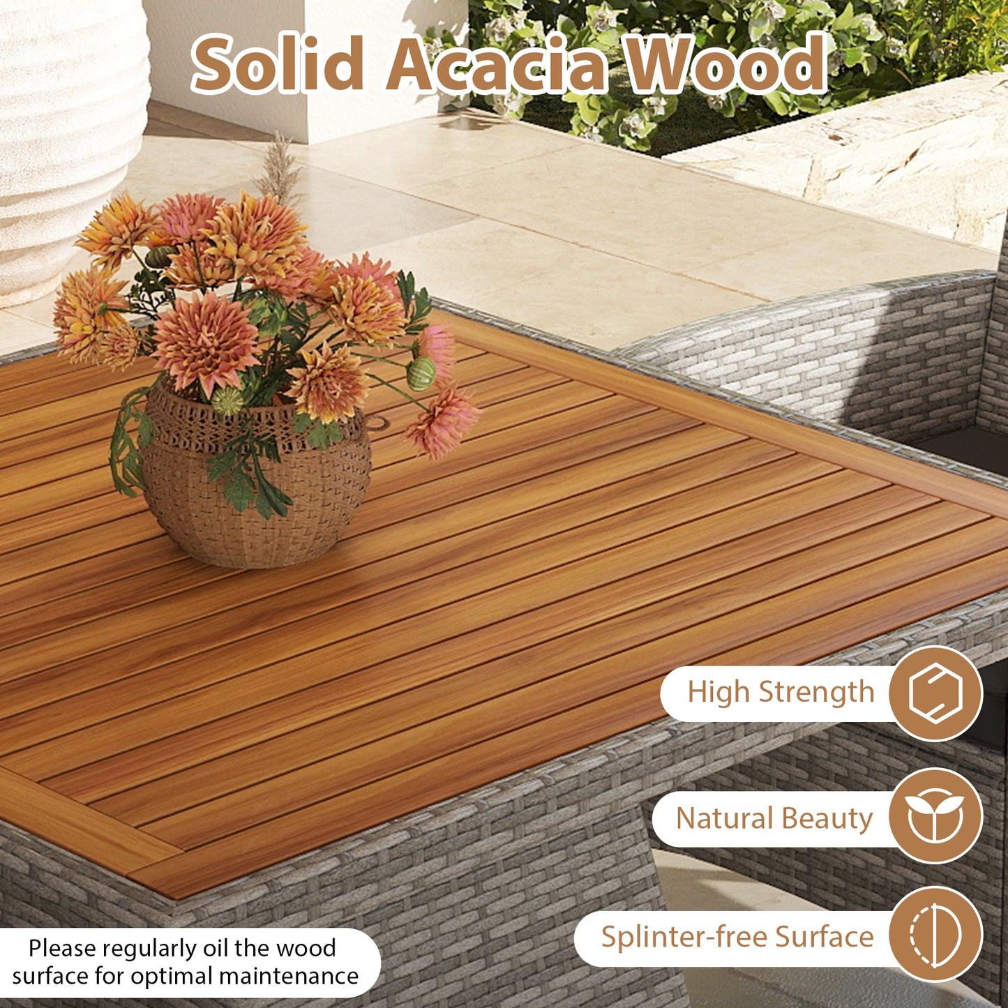 5-Piece Patio Dining Set with Acacia Wood Table and Wicker Chairs