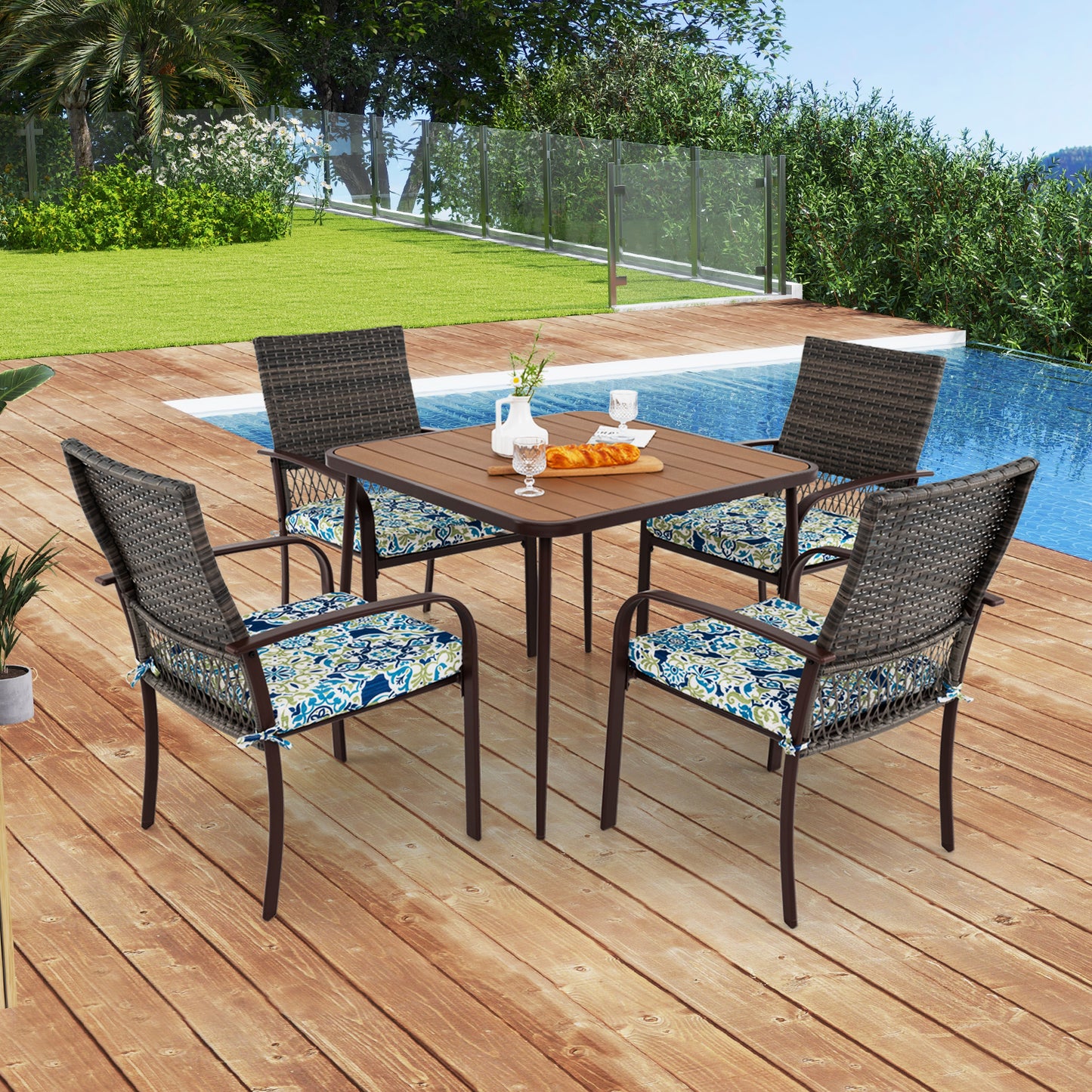 5-Piece Patio Dining Set with Cushioned Rattan Chairs