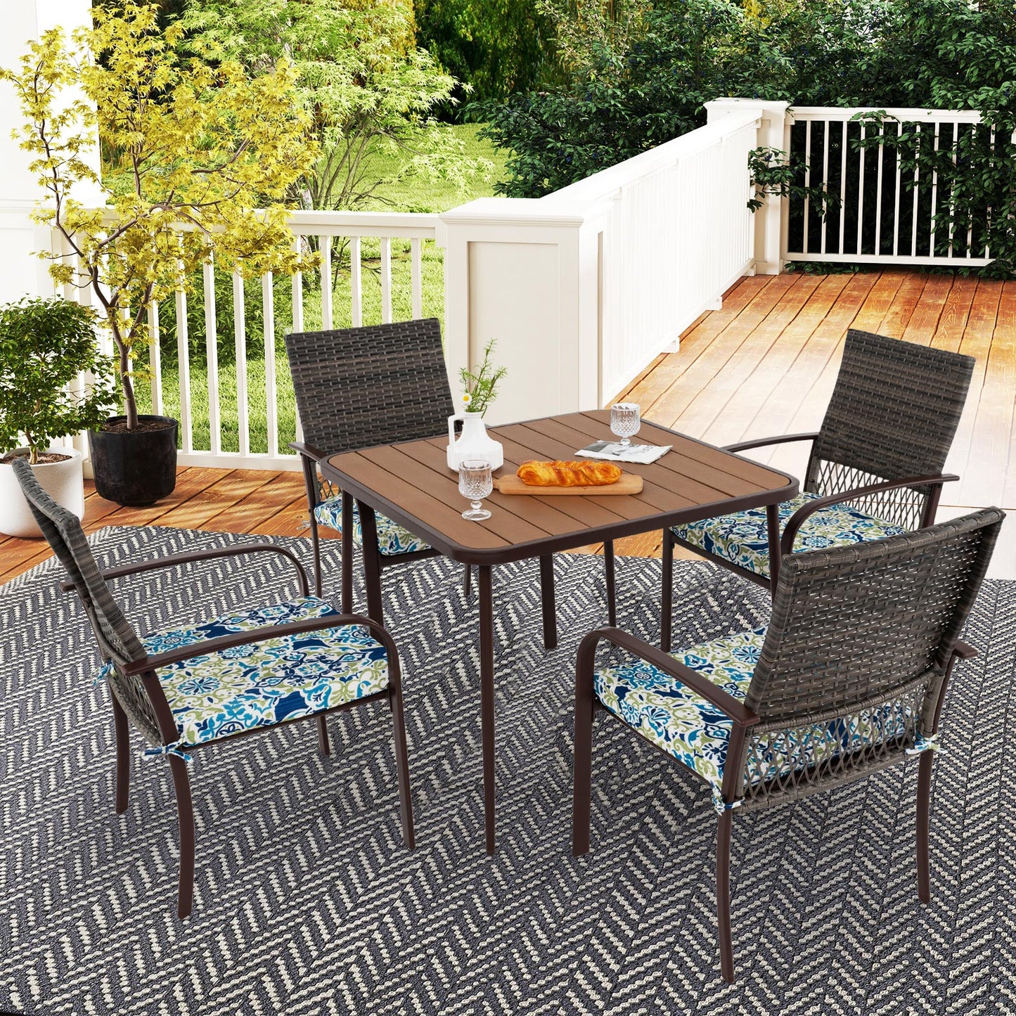 5-Piece Patio Dining Set with Cushioned Rattan Chairs