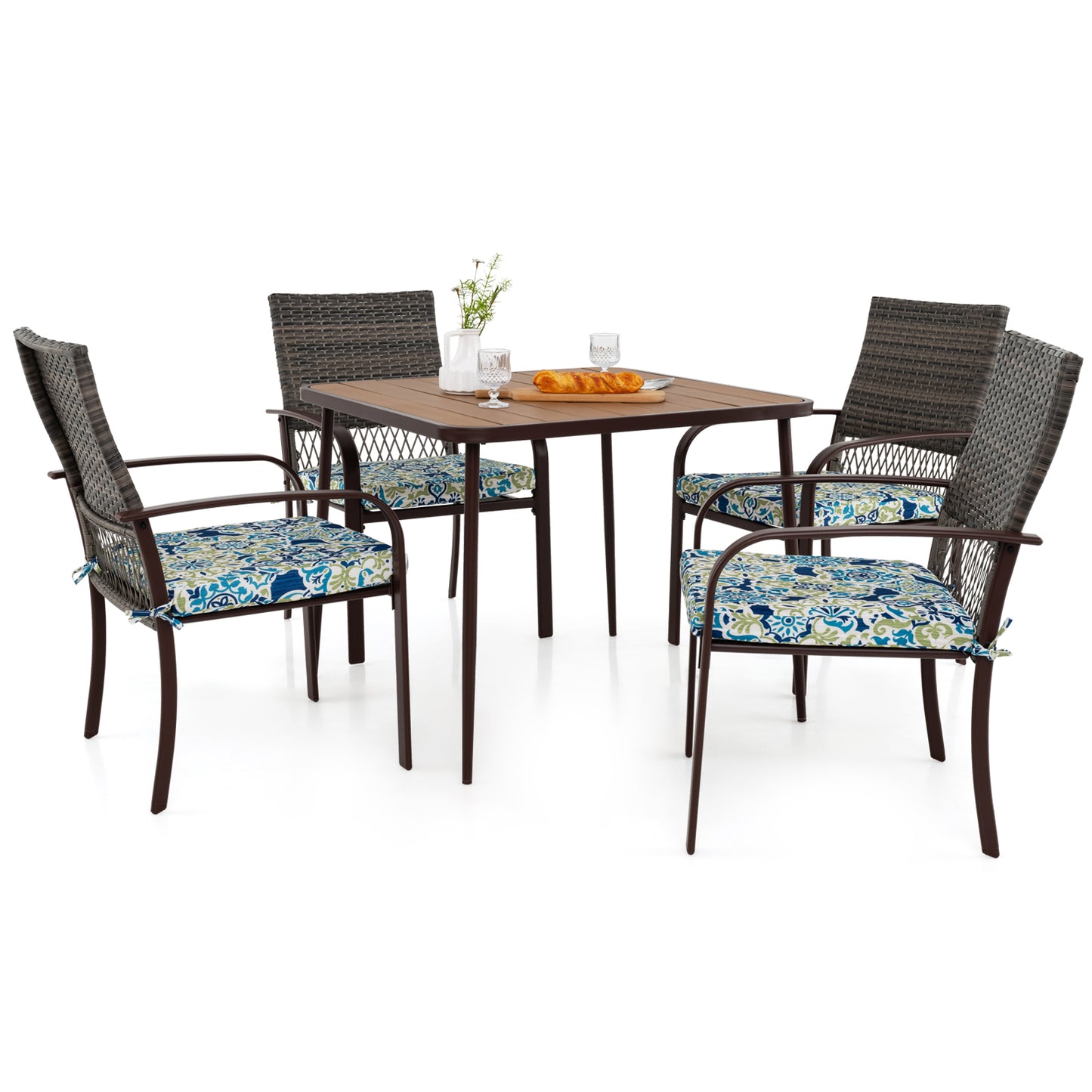 5-Piece Patio Dining Set with Cushioned Rattan Chairs