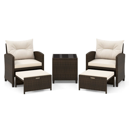 5 Pieces Patio Rattan Furniture with 2 Ottomans and Tempered Glass Coffee Table-Red