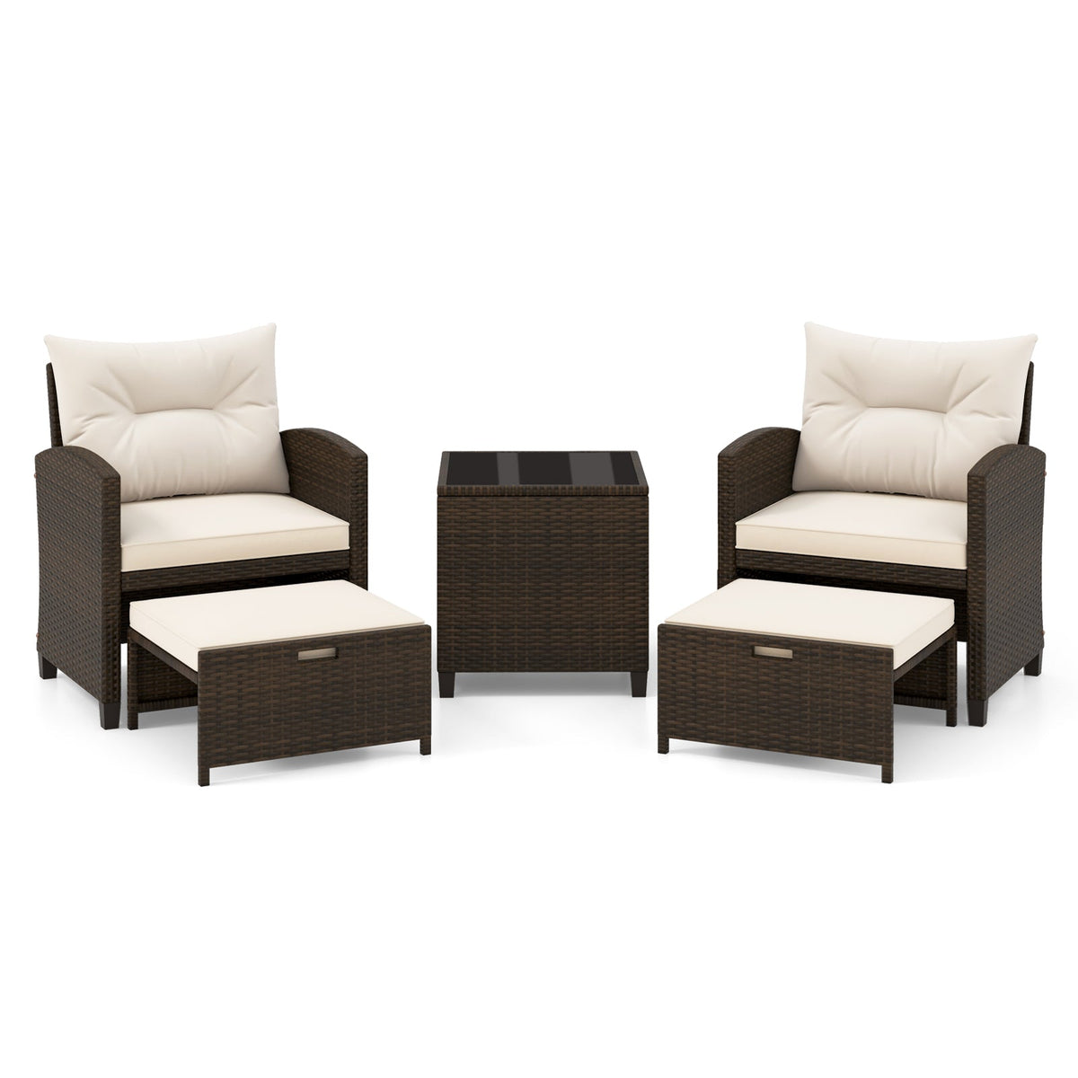 5 Pieces Patio Rattan Furniture with 2 Ottomans and Tempered Glass Coffee Table-Red
